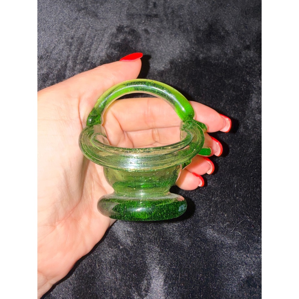 Vintage Green Art Glass Miniature Basket Controlled Bubble Emerald Decorative